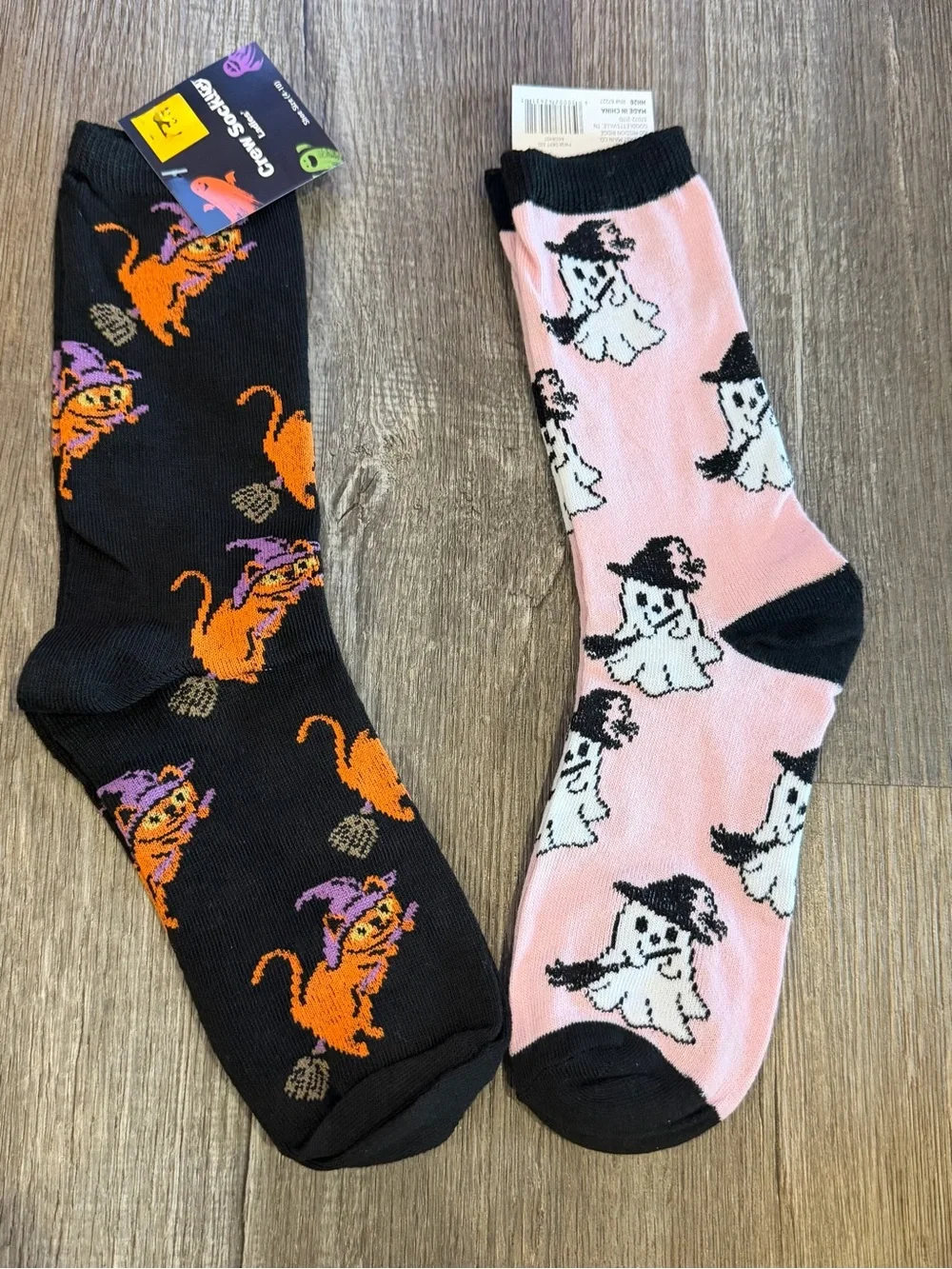 Halloween Cat & Ghost Crew Socks - Pink & Black